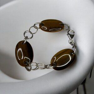 Sterling Silver Tiger-Eye Oval Link 7" Bracelet With Lobster Clasp Closure